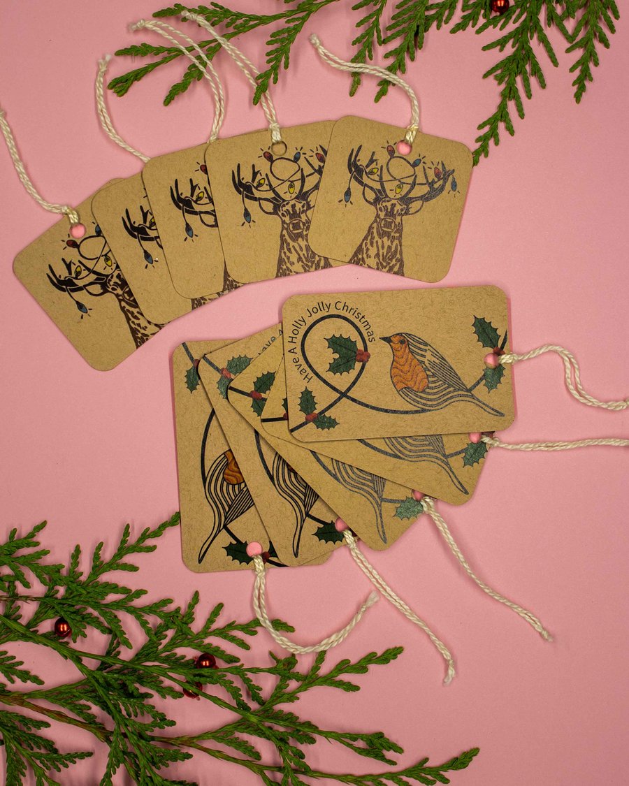 Christmas Stag and Holly Jolly robin 10 pack Christmas Gift Tag