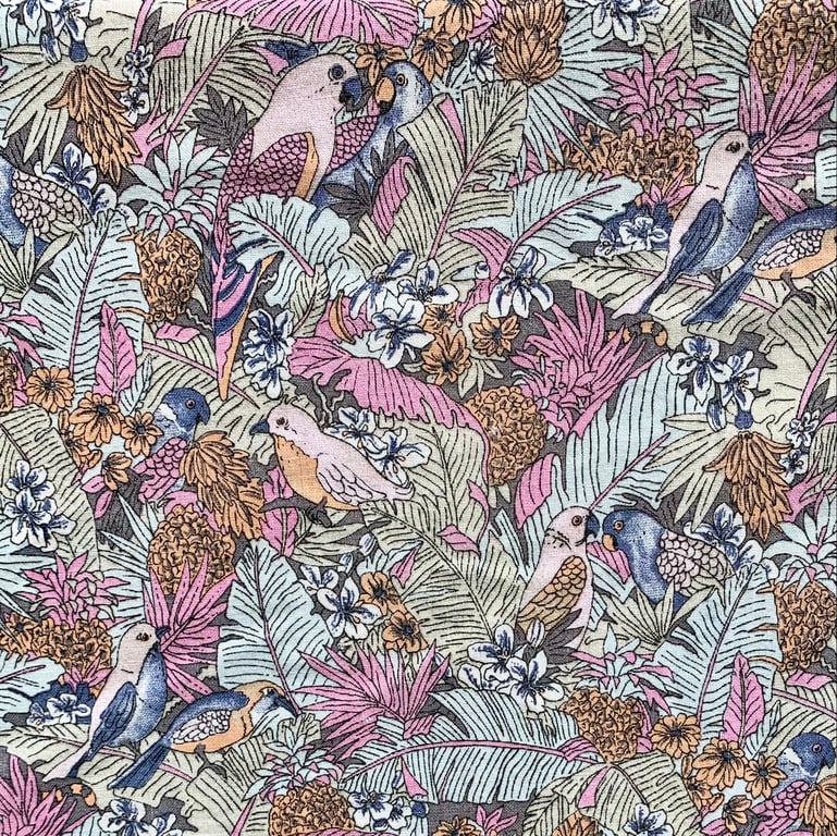 Large Piece of RETRO 70s style Pink and Orange Jungle Birds and Parrots fabric