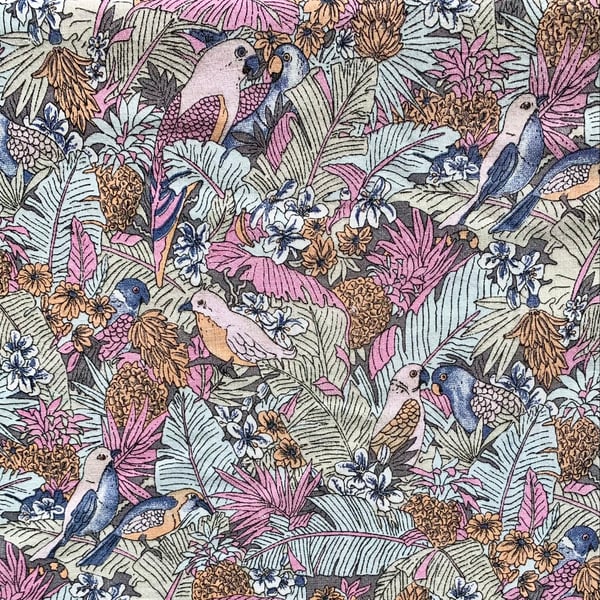 Large Piece of RETRO 70s style Pink and Orange Jungle Birds and Parrots fabric