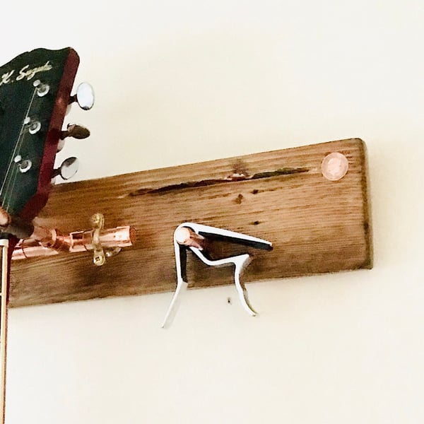 Guitar Bracket, Handmade Salvaged Timber, Copper Double Purpose Made Hook, Plect