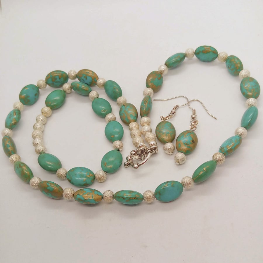 Jewellery Set With Turquoise & Silver Stardust Beads, Jewellery Gift for Her