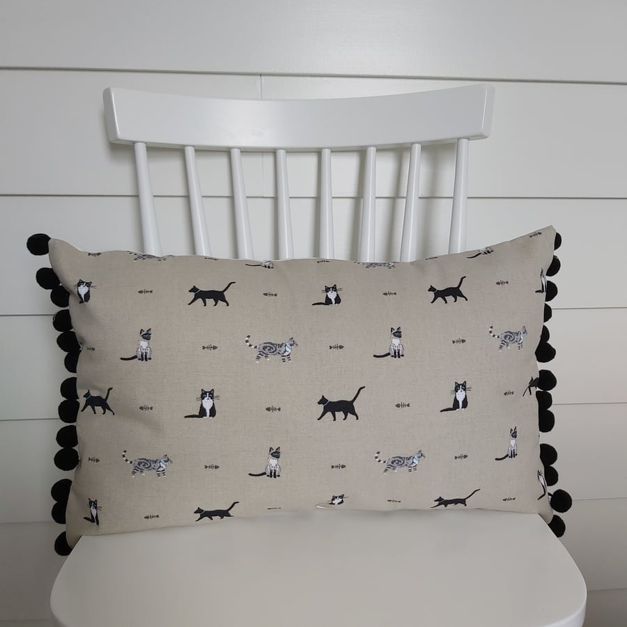 Sophie Allport Cats  Cushion with black pompoms