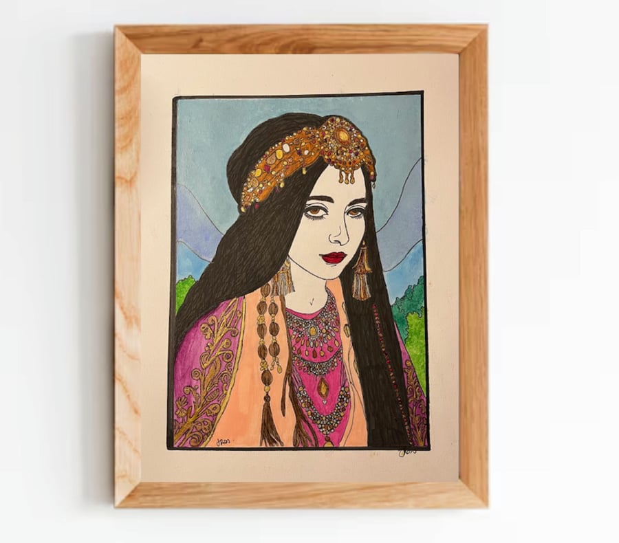 'Princess' a hand drawn lady in acrylics and fine liner.