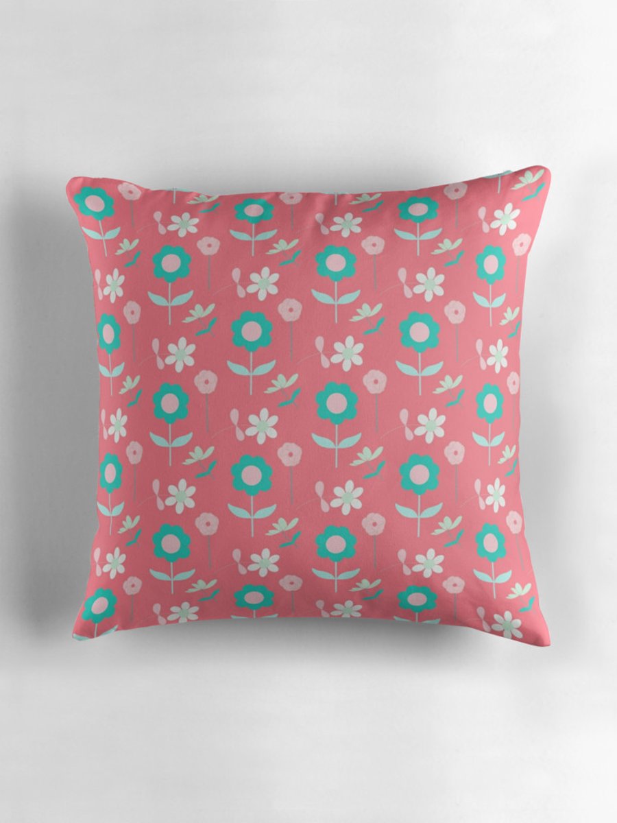 Pink, Green and White Floral Cushion Cover 16 inch