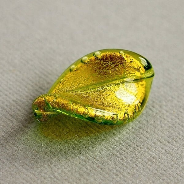 Murano Glass Twist Wave Bead, Green Bead, Gold Foil Lined
