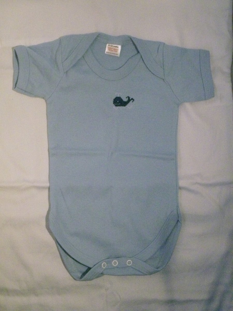 Blue Whale, Baby Vest,  Age 6-12 months, hand embroidered