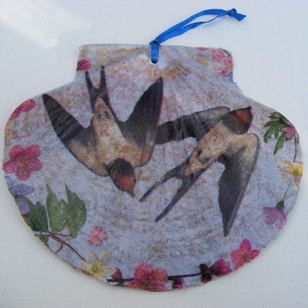 Decoupaged flat scallop shell swallow hanging decoration
