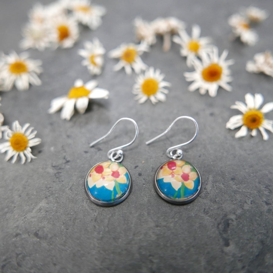 Daffodils Dangle Earrings, Flower Art Print Jewellery, Yellow and Teal Earring