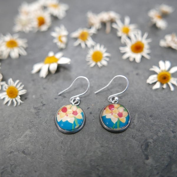 Daffodils Dangle Earrings, Flower Art Print Jewellery, Yellow and Teal Earring