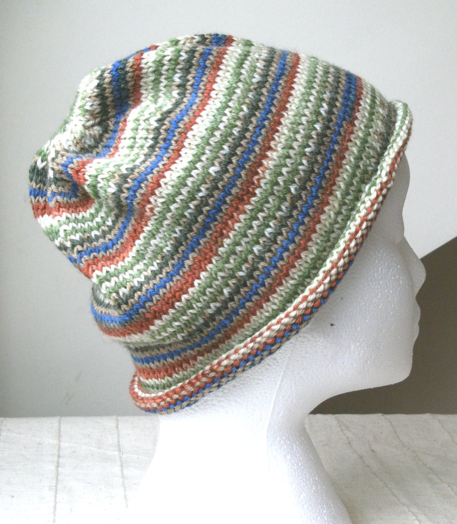 SPECIAL! Handknit Beanie Hat 100% MERINO Stripey jacquard in Blues & Greens