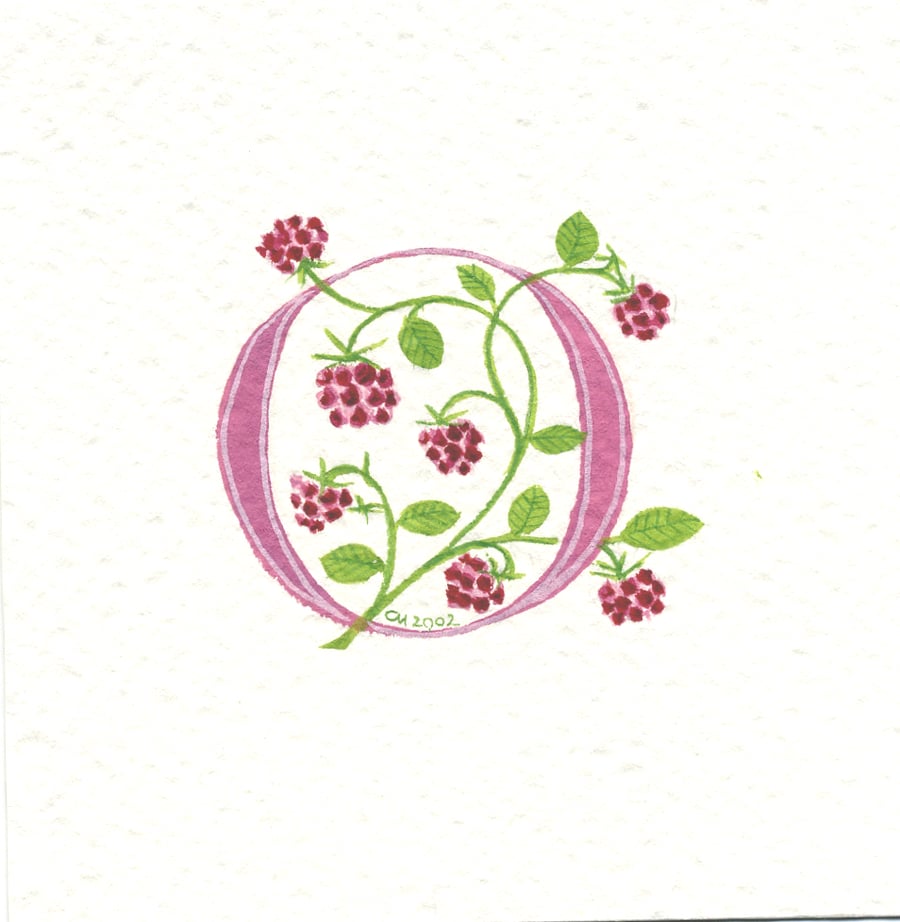 Initial letter 'O' in dark pink with raspberries.
