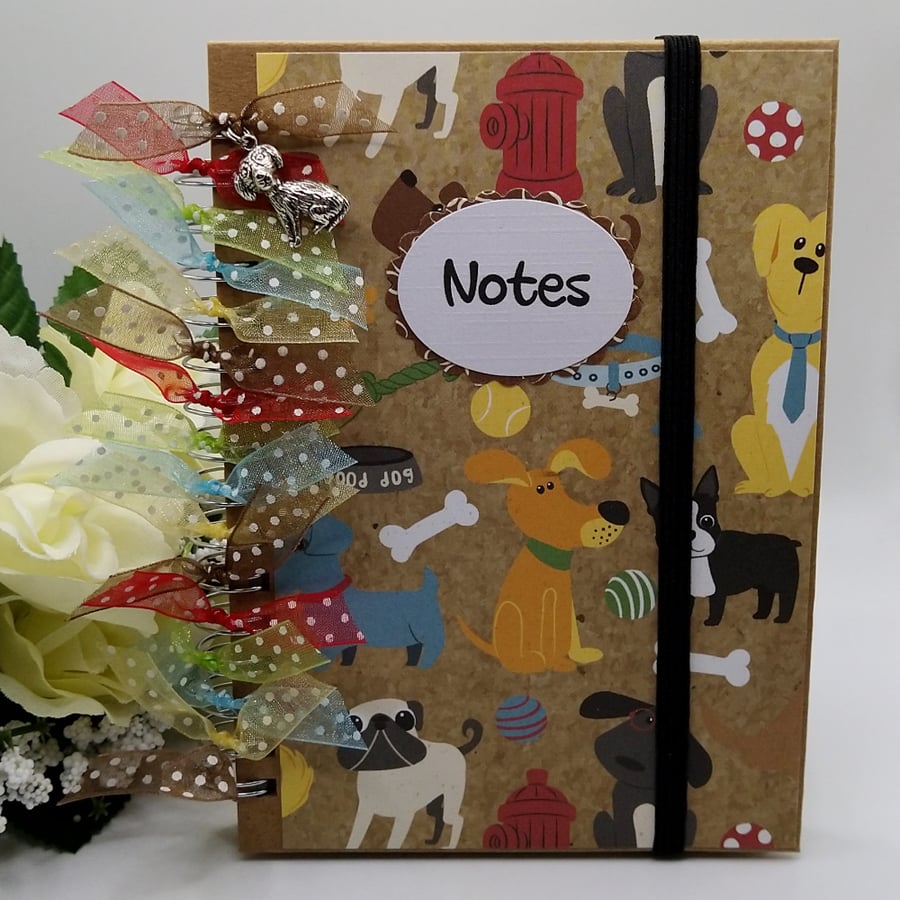 Hand Decorated Dog Notebook with a Charm and Ribbons - Upcycled Notebook
