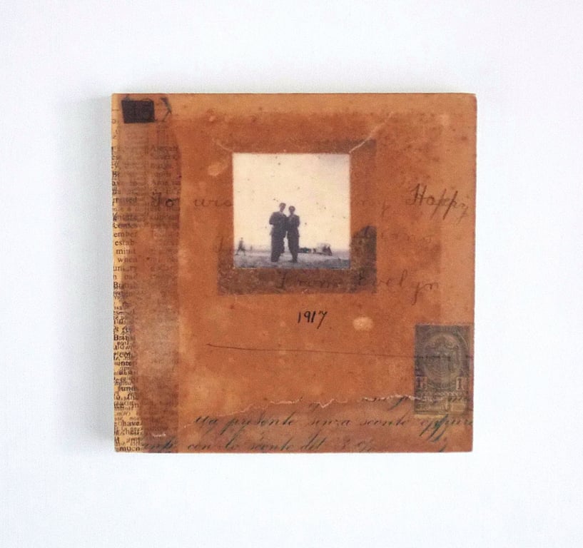 Vintage Paper Collage on Wood Panel, 12x12cms, Free UK Postage (203)
