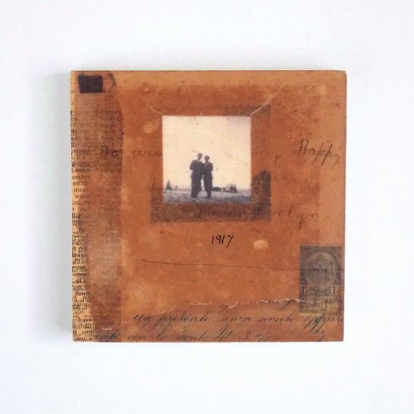 Vintage Paper Collage on Wood Panel, 12x12cms, Free UK Postage (203)