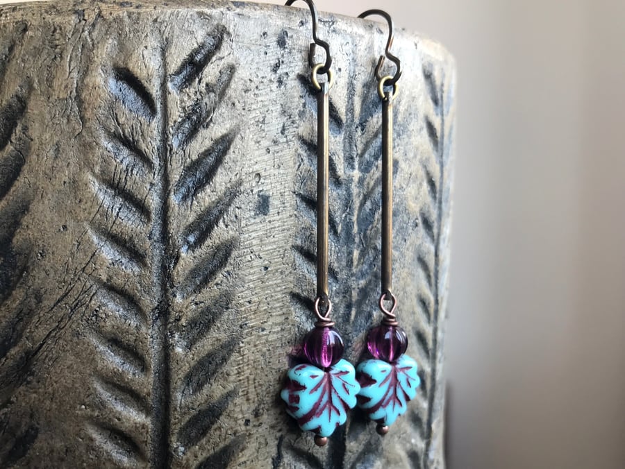 Turquoise Maple Leaf Earrings. Czech Glass & Brass Earrings. Nature Lover Gift