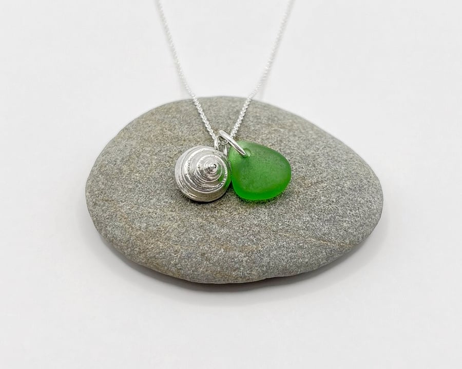 Cornish Sea Glass Necklace with Silver Coated Venetian Seashell - Green
