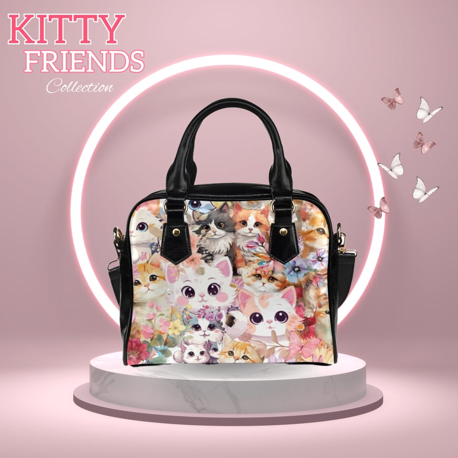 Anime Cat Kitty Friends PU Leather Shoulder Bag.