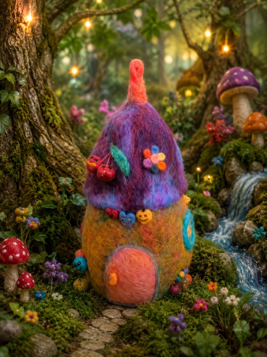 Needle Felted Acorn House, Wool Acorn, Felt House, colourful, quirky, Cabin