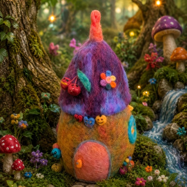 Needle Felted Acorn House, Wool Acorn, Felt House, colourful, quirky, Cabin