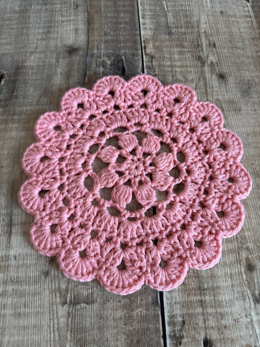 Pink cotton coaster doily hand crocheted scalloped edges