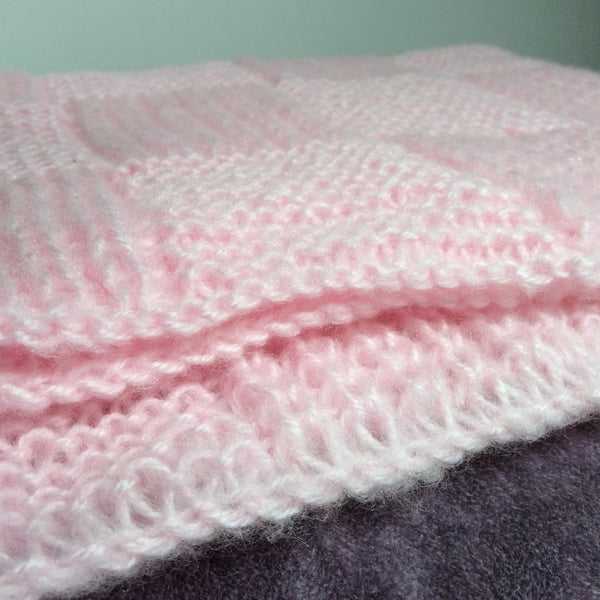  Baby Blanket Hand Knitted in Pale Pink Patchwork Pattern 