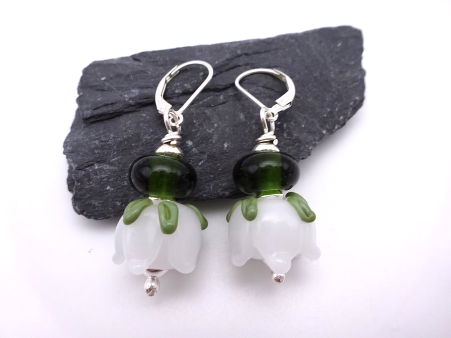 lampwork glass white rose earrings