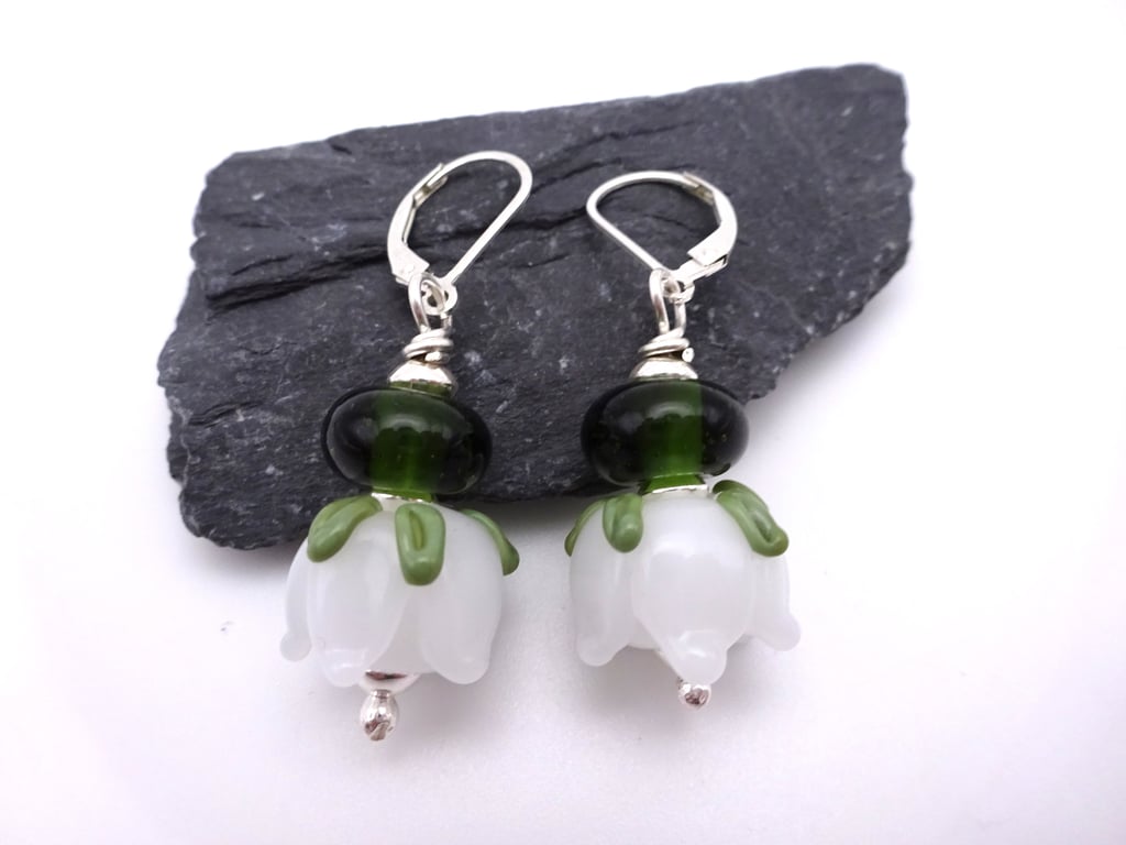 lampwork glass white rose earrings