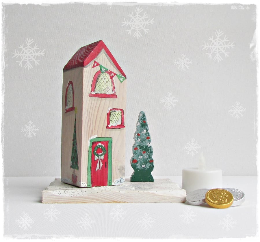 Wooden Christmas House with Christma Tree on a base