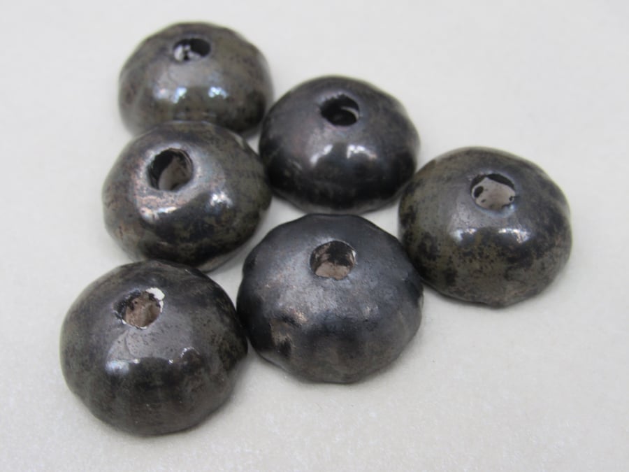 6 Small Obsidian Half-round Ceramic Flower Beads