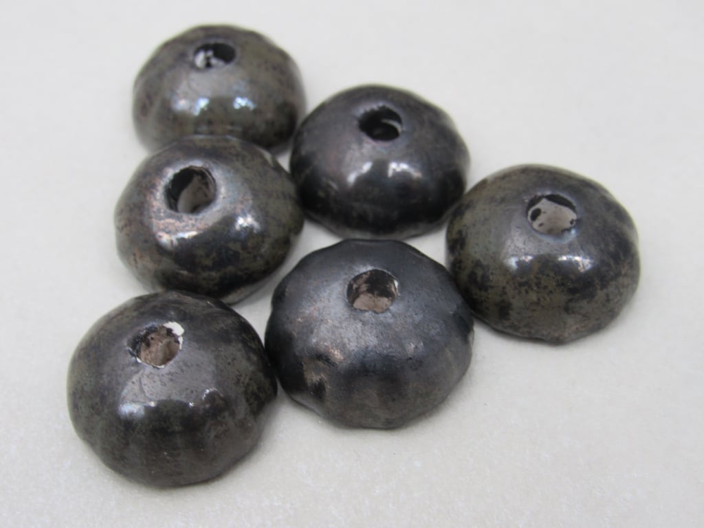 6 Small Obsidian Half-round Ceramic Flower Beads
