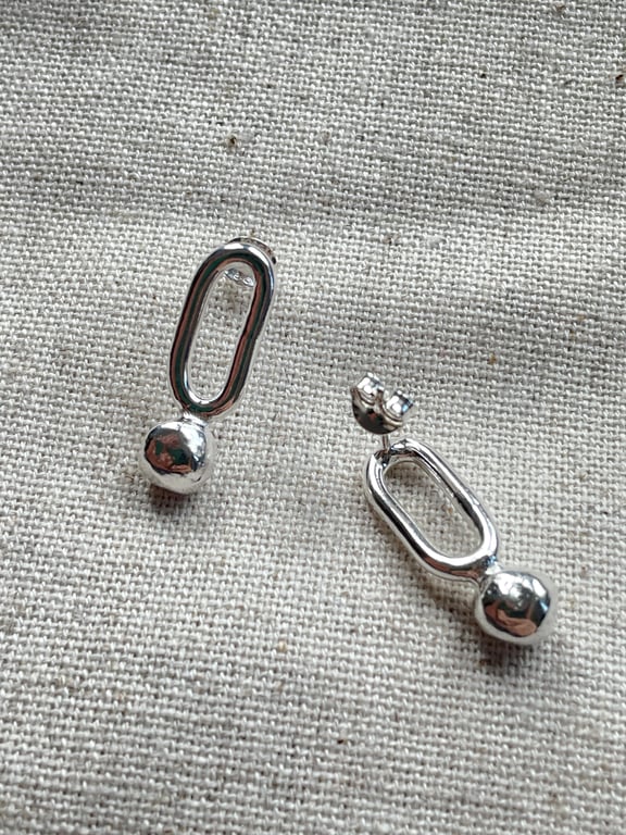 Handmade Sterling Silver Drop Earrings Organic Oval & Ball Design