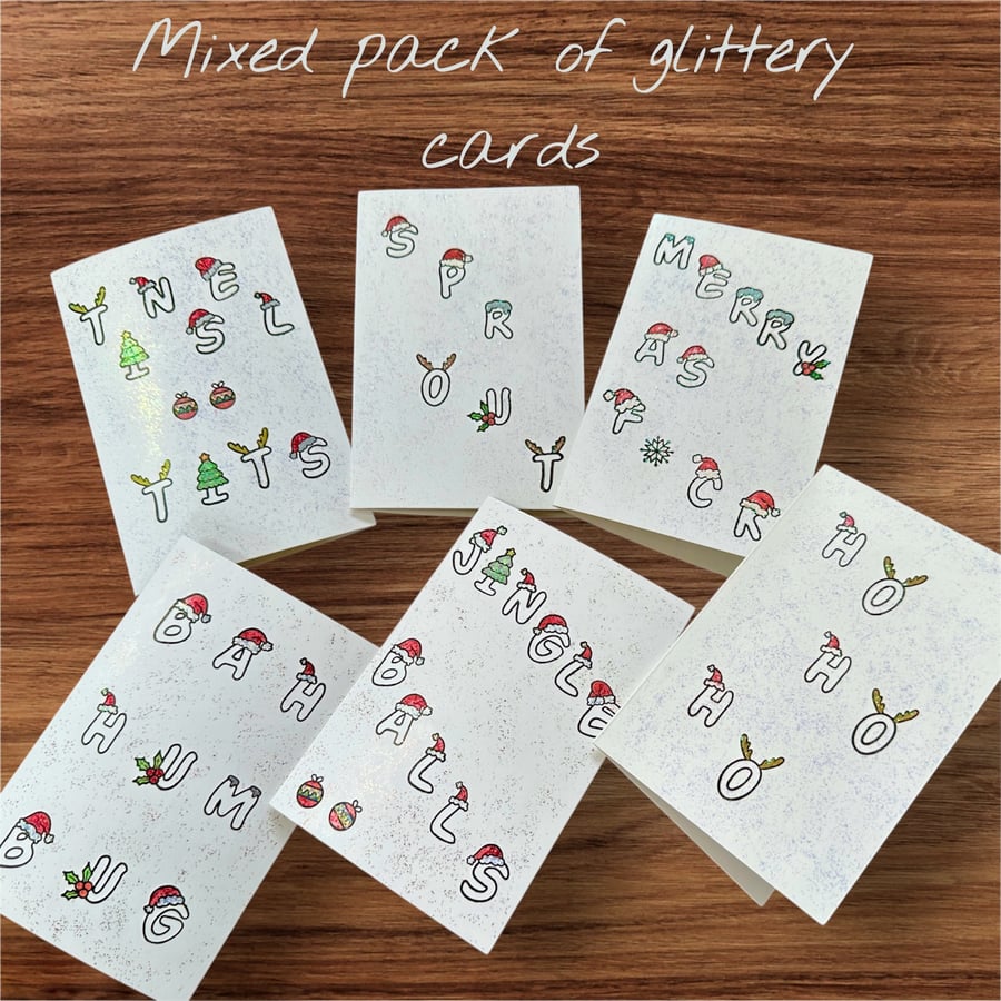 Adult humour, funny Christmas cards, Packs of 6, glittery text 