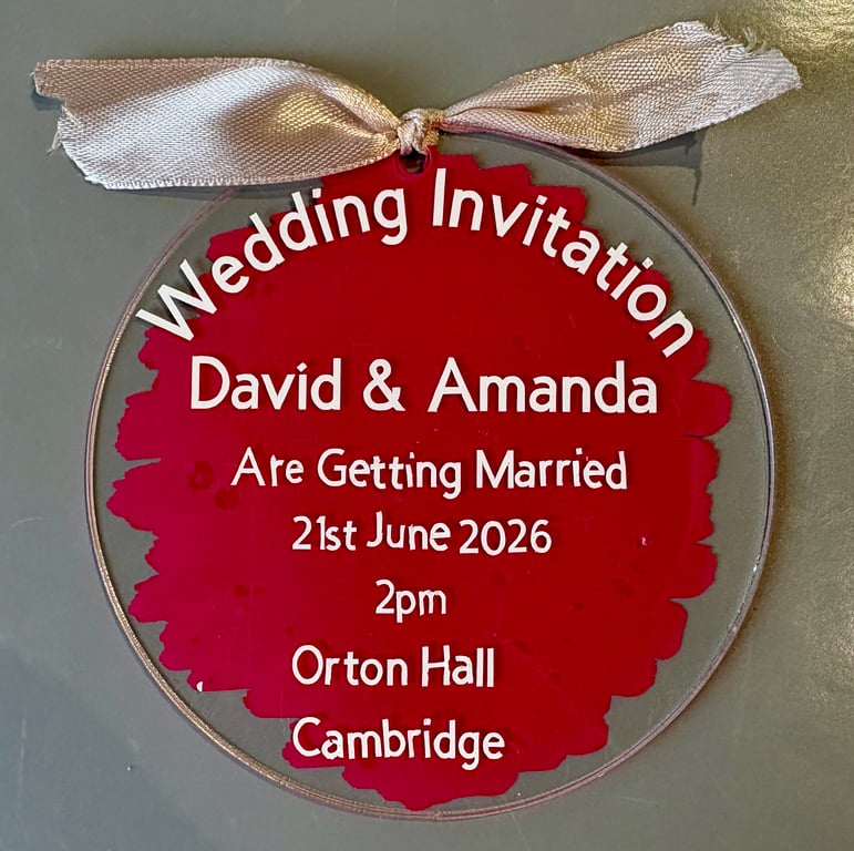 Personalised Acrylic Wedding Invitation Ornament with Painted Back & Ribbon Keep