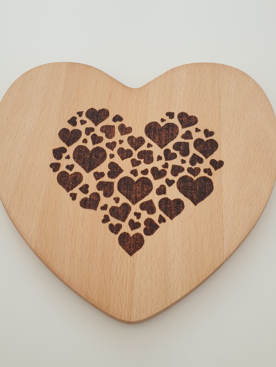Wood burned heart shaped chopping board