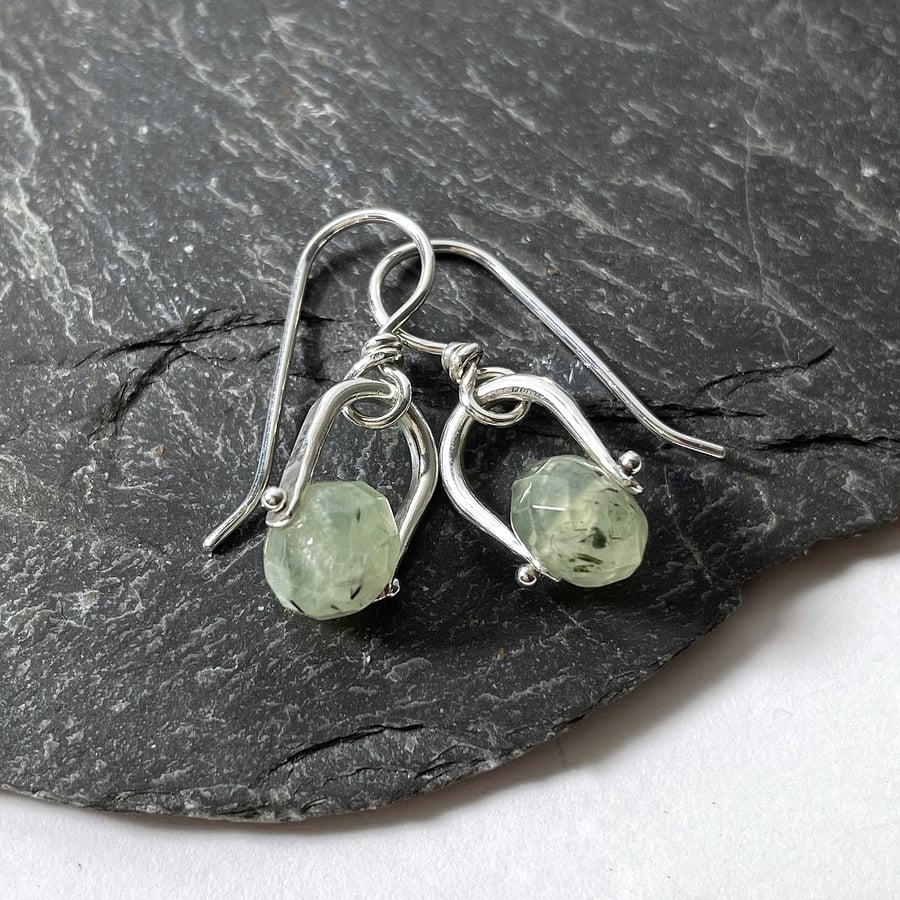 Silver and prehnite small dangle earrings 