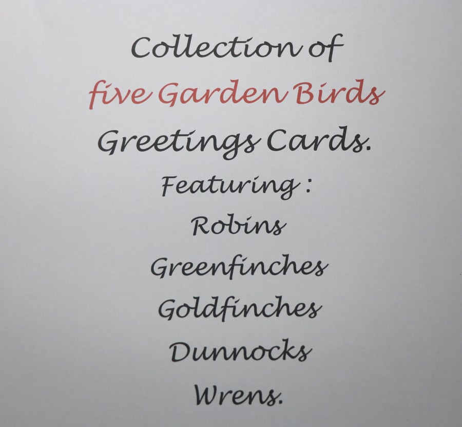 Garden Bird Collection Greetings Card - Five different birds - Blank Inside.