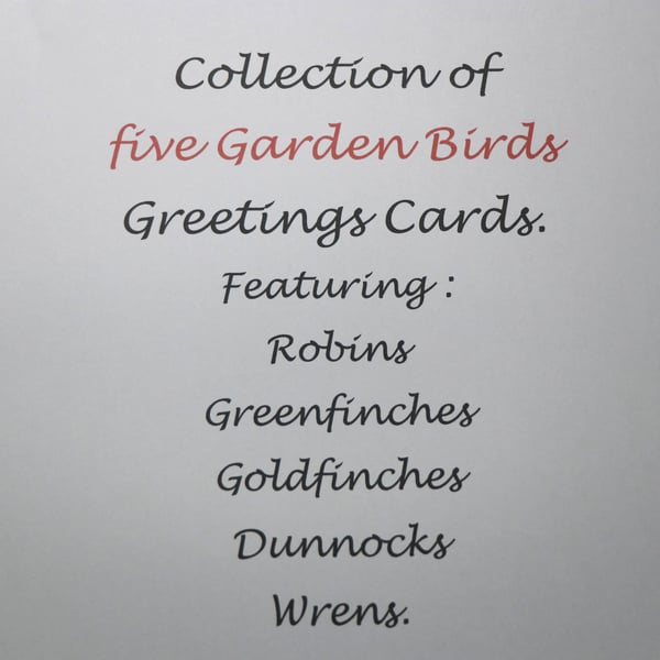 Garden Bird Collection Greetings Card - Five different birds - Blank Inside.