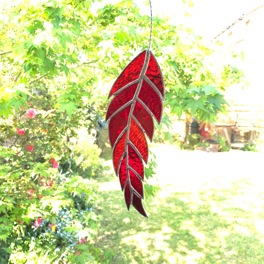 Stained Glass Feather Suncatcher - Handmade Window Decoration - Red