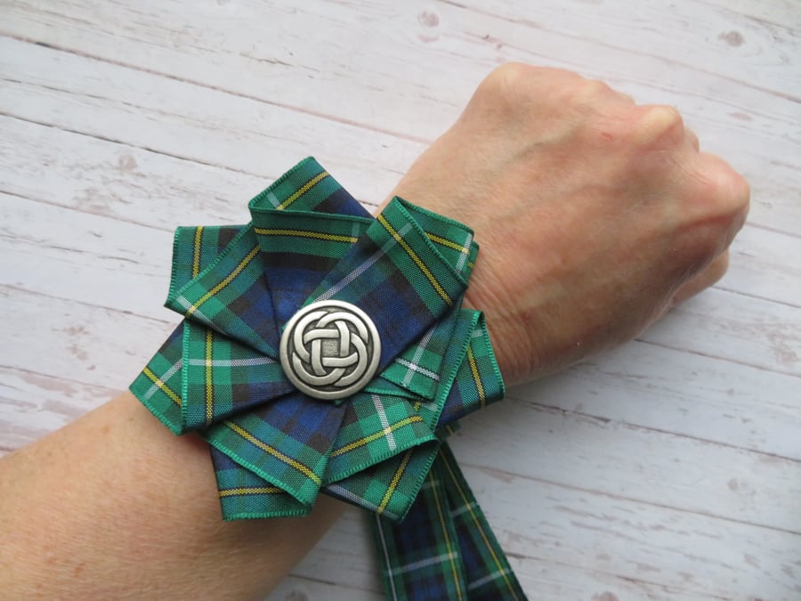 Campbell Tartan Ruffle Rosette Celtic Green Wrist Corsage Prom Ceilidh