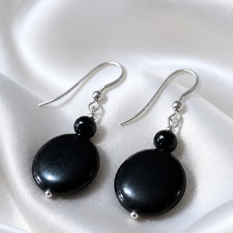 Black Agate Coin & Sterling Silver Drop Earrings – Handmade
