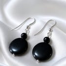 Black Agate Coin & Sterling Silver Drop Earrings – Handmade
