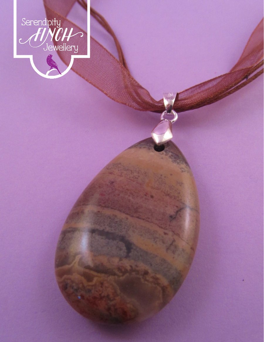 Brown Jasper Pendant Necklace, Brown Jasper Necklace, Jasper Ribbon Necklace