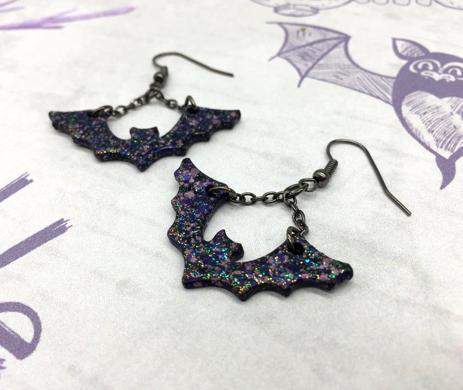 Black and purple glitter Bat earrings Halloween Gothic bat lover