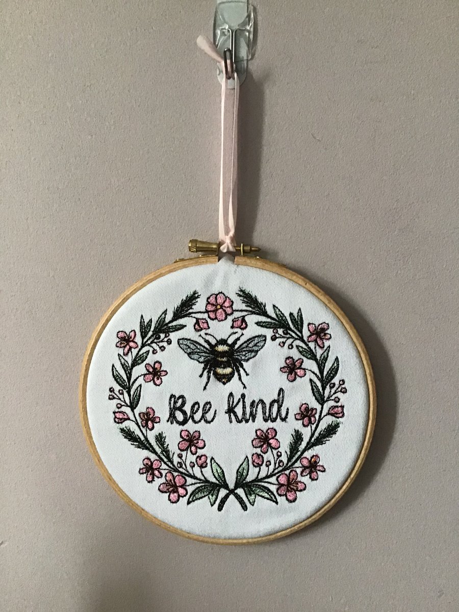 Bee Kind embroidered hoop decoration.
