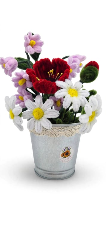 Meadow Posy in Metal Pot Red Poppy Bellflowers and White Daisies Everlastingw