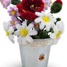 Meadow Posy in Metal Pot Red Poppy Bellflowers and White Daisies Everlastingw