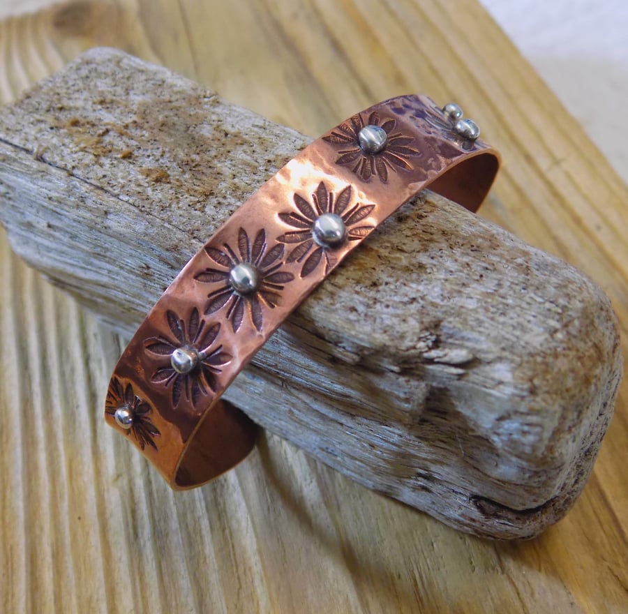 Copper and silver 'flowers' mixed metal cuff