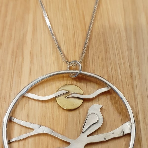 Sterling silver necklace - brass bird in a tree