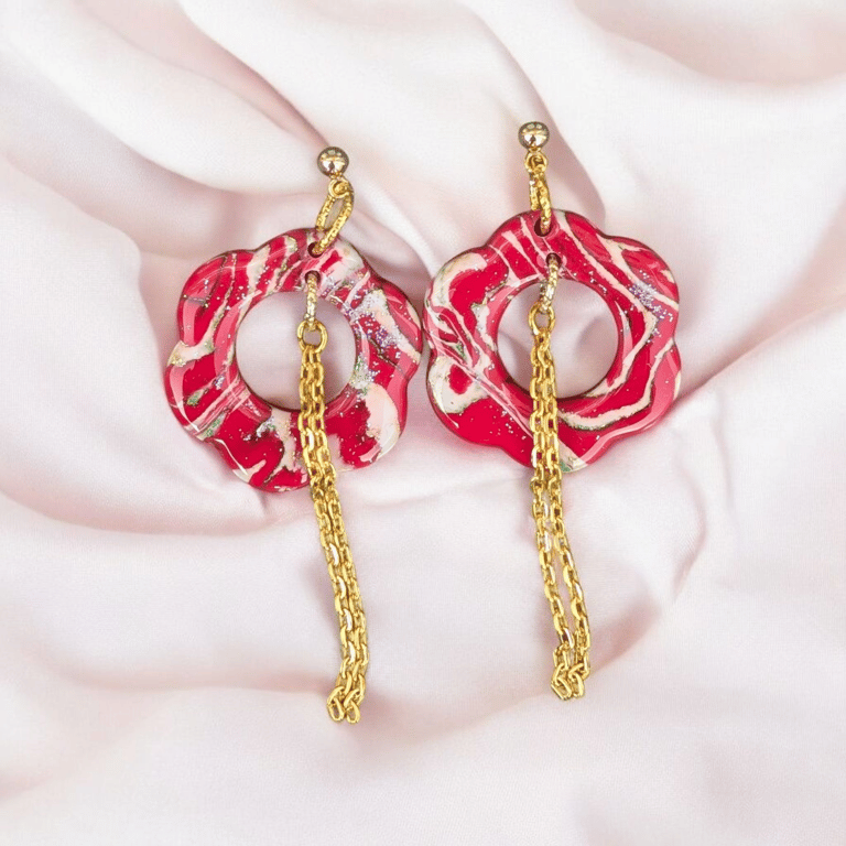 Red and white marble flower, handmade polymer clay Earrings with gold chain