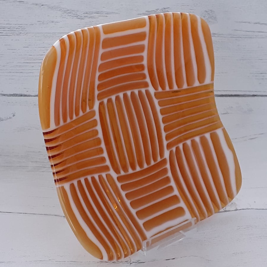 Fused glass striped squares chunky dish, amber and white